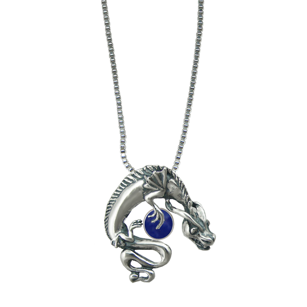 Sterling Silver Playful Dragon Pendant With Lapis Lazuli